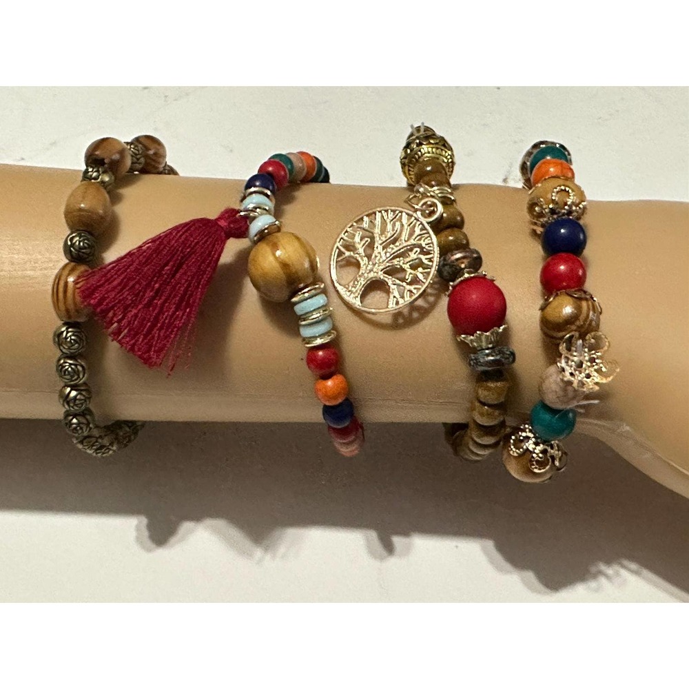 Bohemian Wood Beads Women Multilayer Tassel and Charm Bracelet